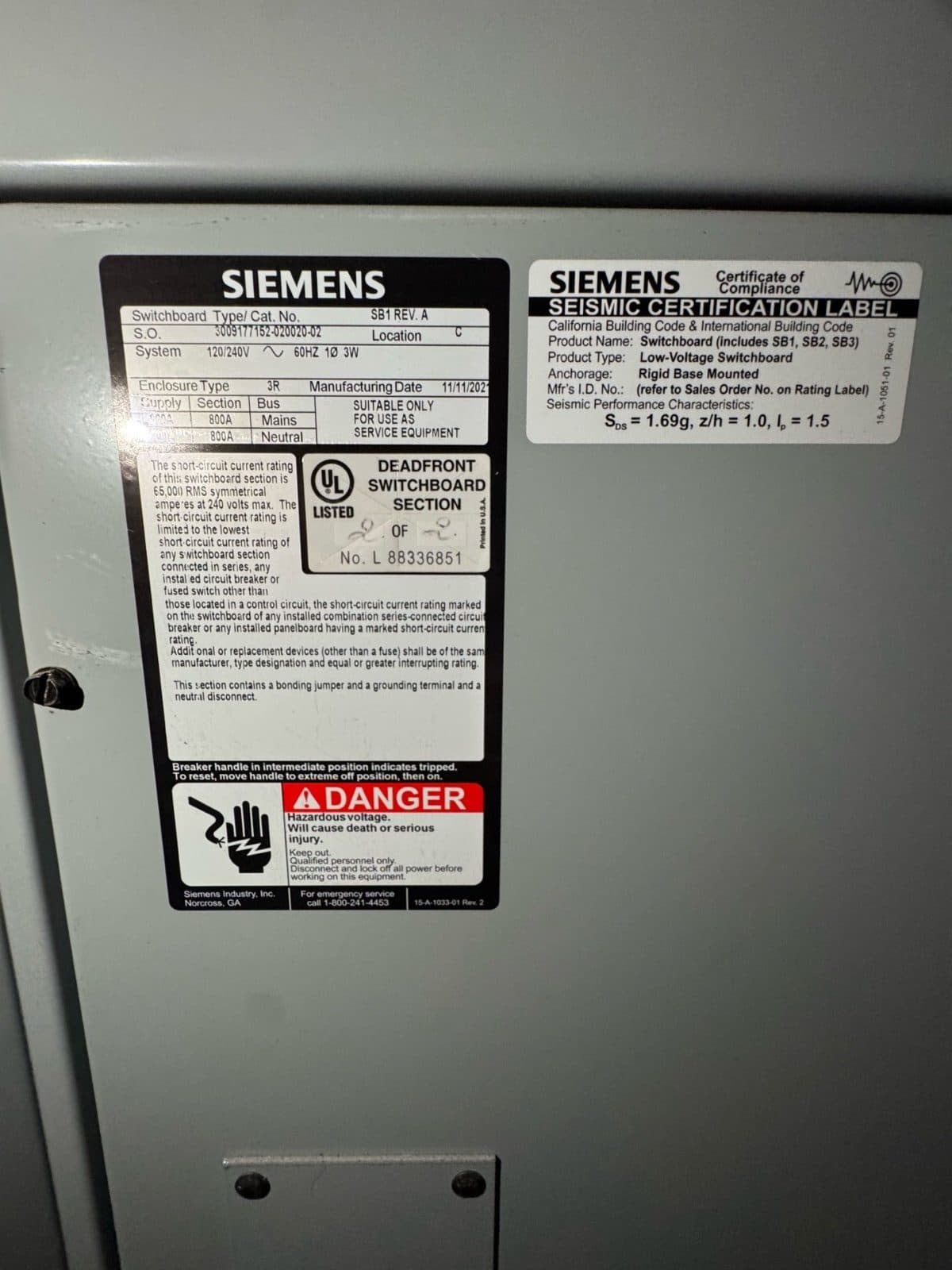 Two New Surplus Siemens SB1 Service Entrance Switchboards with Factory Installed Main Breaker 4