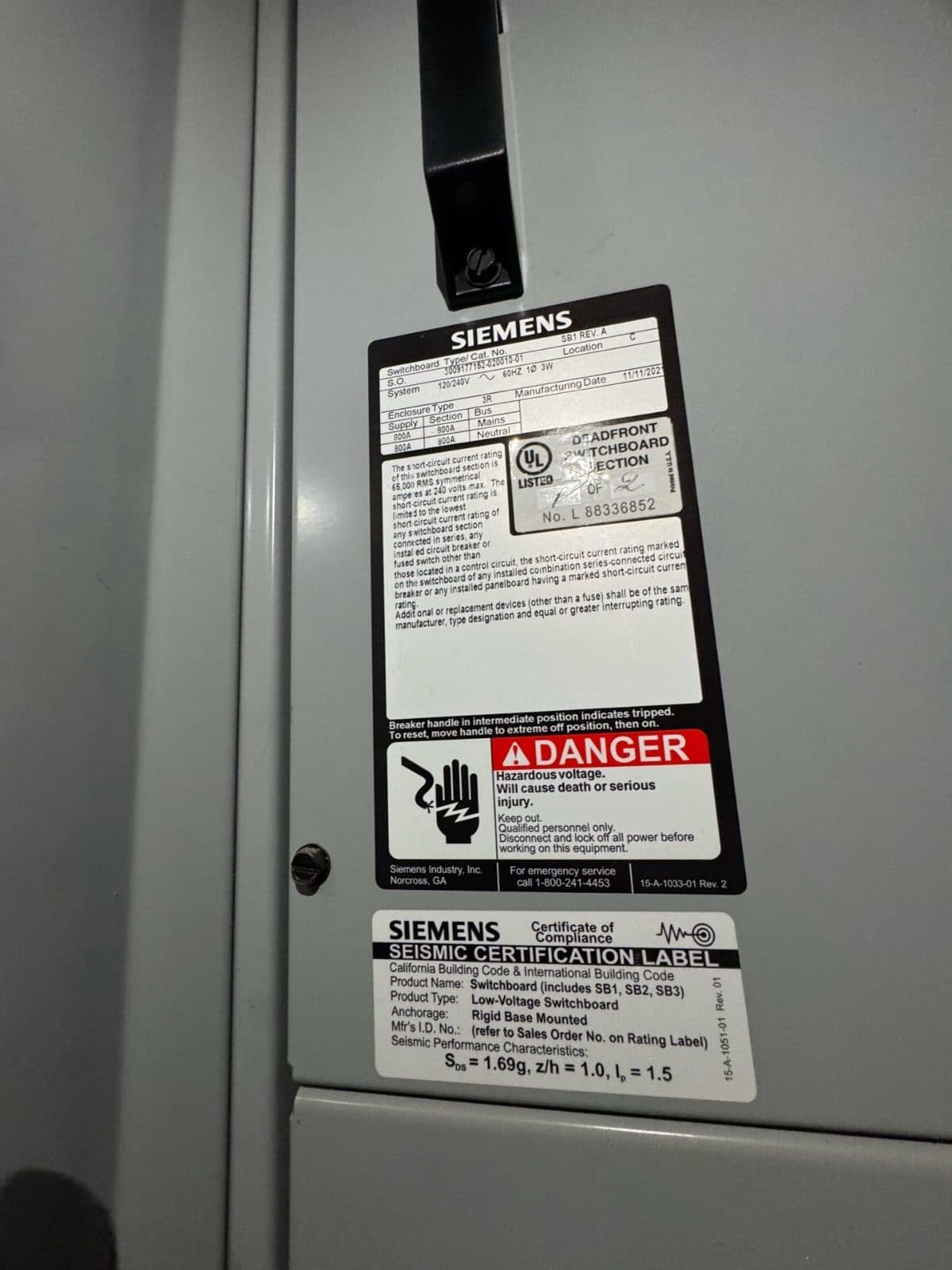 Two New Surplus Siemens SB1 Service Entrance Switchboards with Factory Installed Main Breaker 5