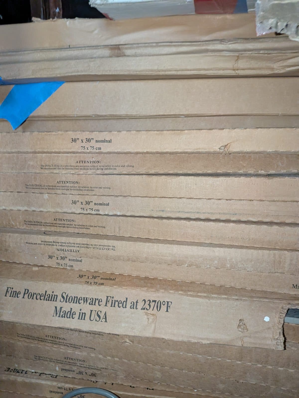 30 boxes of 30" x 30" Dolce Italia porcelain tiles manufactured in the USA