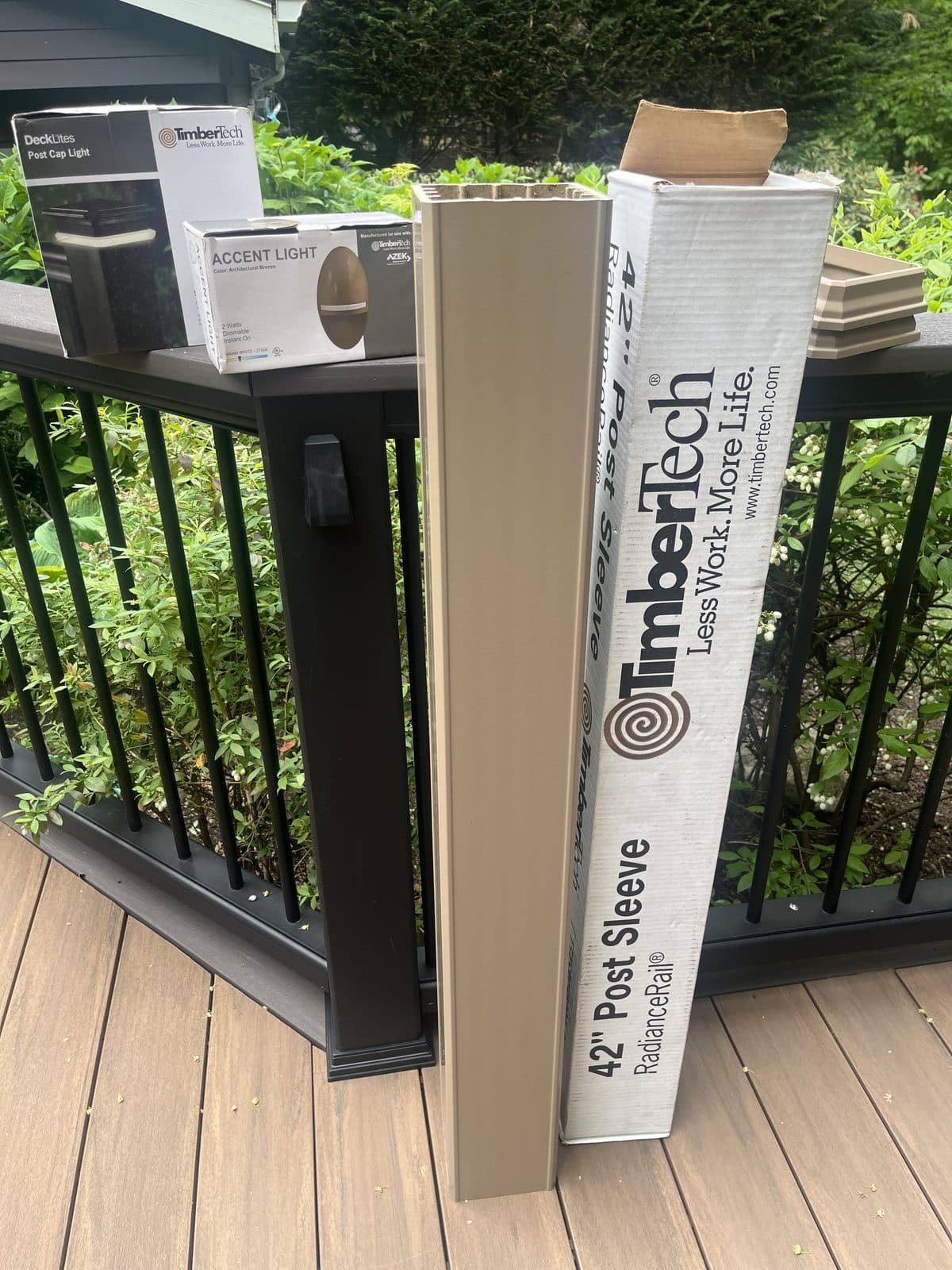 Timber tech Radiance Rail 42” post sleeve. Brownstone 5 by 5 3