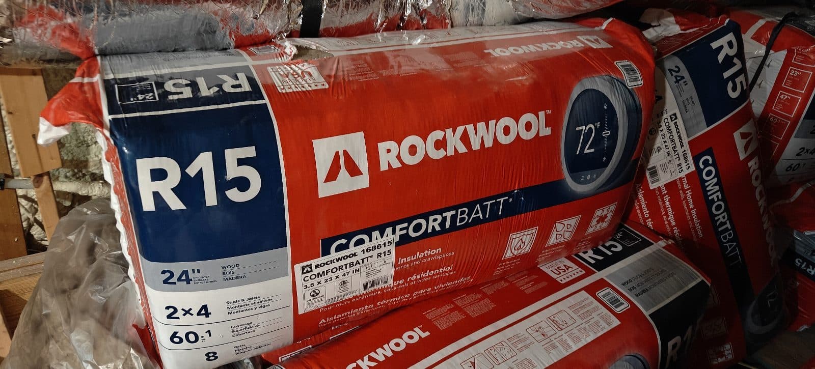 Rockwool R15 24" x 72" x 3.5" Comfort Batt Insulation (60.1 sq ft coverage) 8 batts per bundle