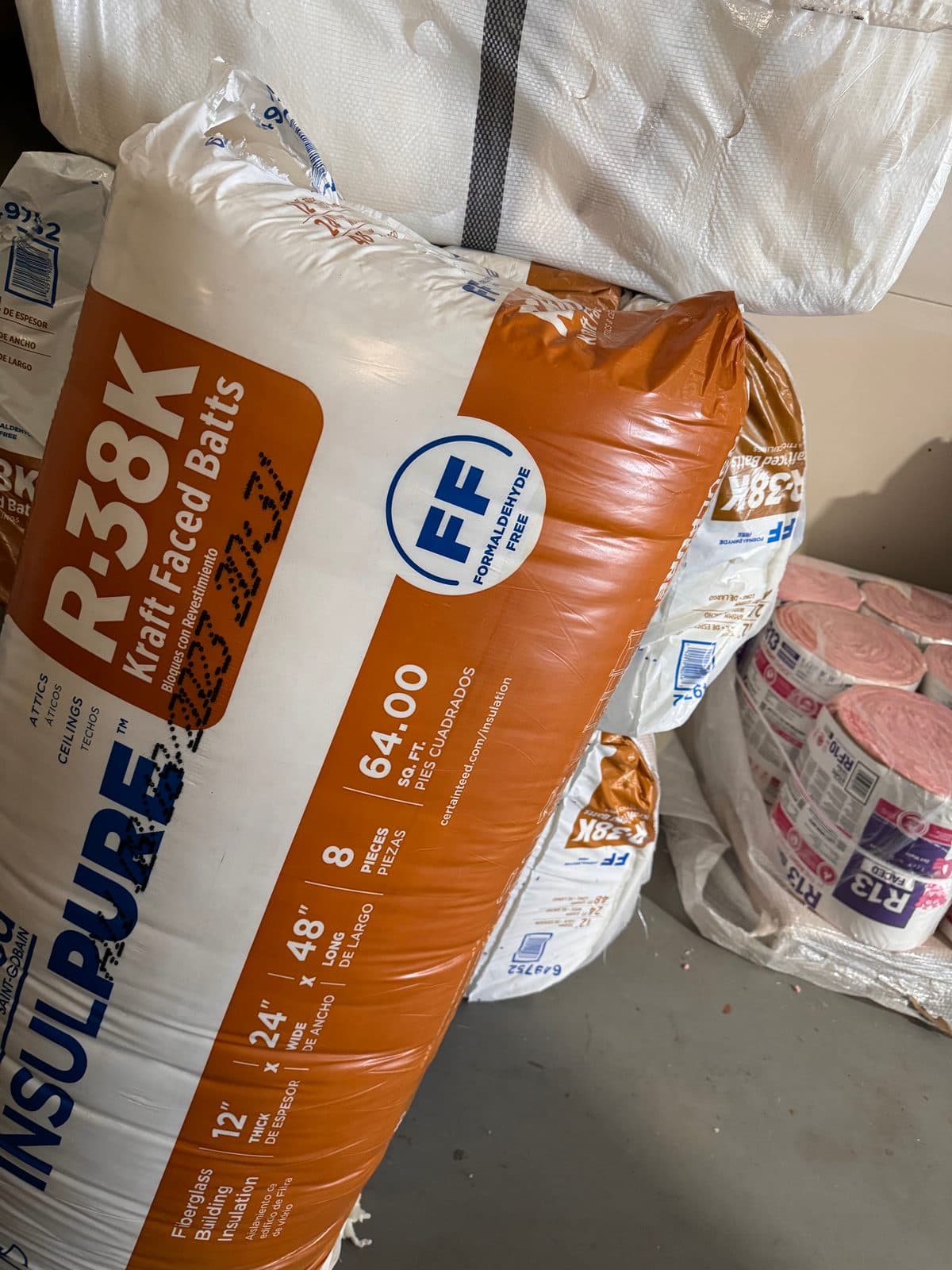 R-38 Faced Fiberglass Insulation 24 inch wide - 64sqft per bag
