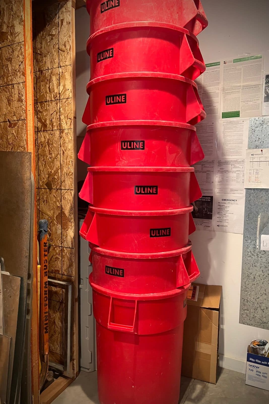Red Uline Trash Bins