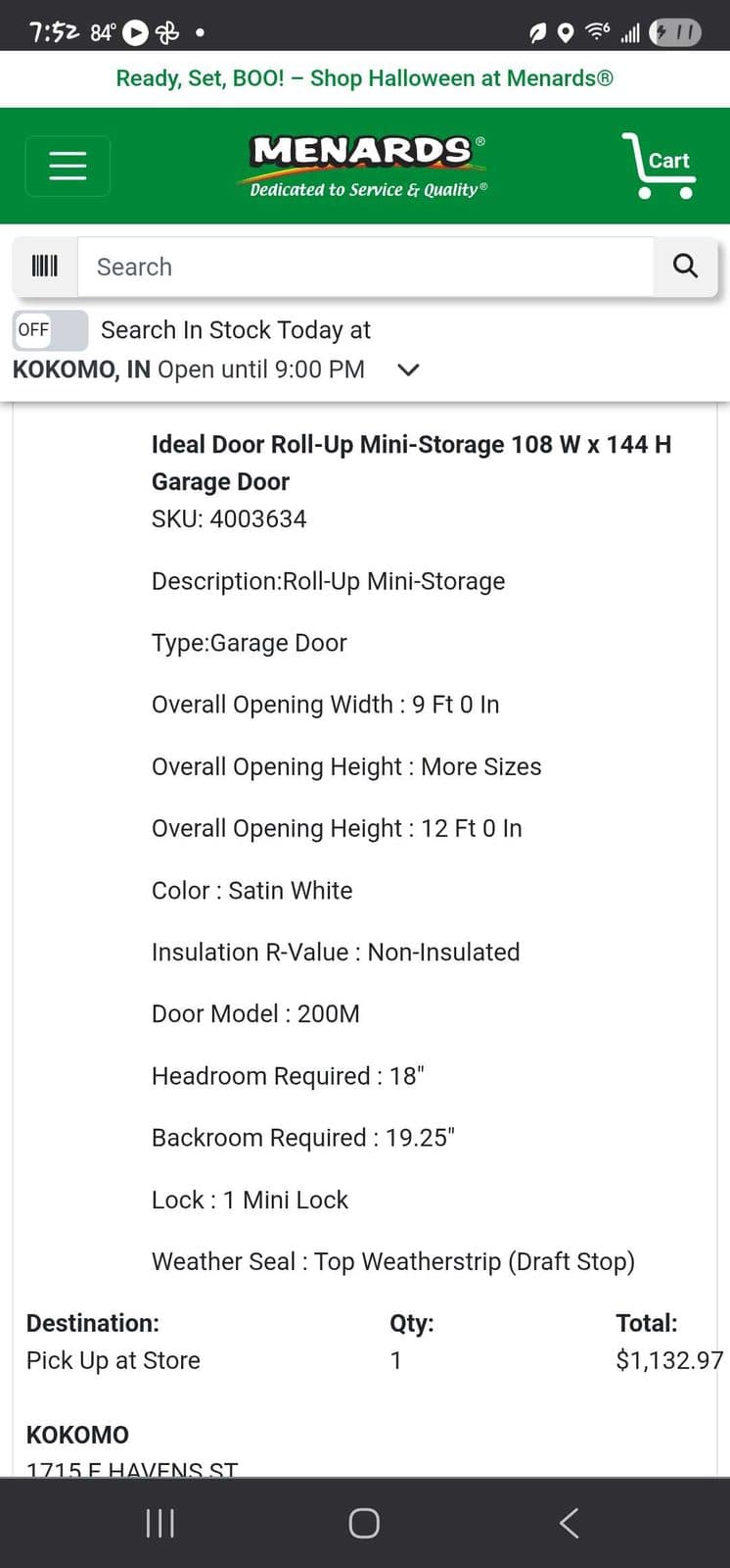 Roll- up garage door 9ft by 12ft