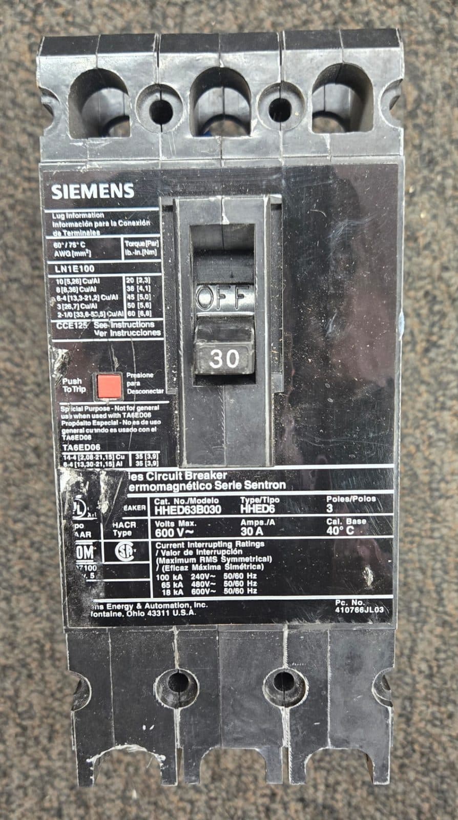 Circuit Breaker" Siemens Cat. No HHED63B030 30AMP 600V